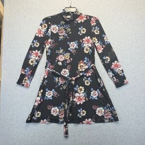 Absolutely Famous Black Floral Long Sleeve Dress Tie Waist Size M